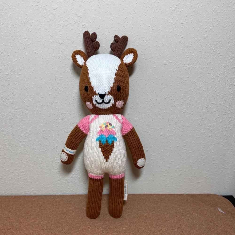 Cuddle + Kind Willow Deer Plush Kids Little 13" Brown Pink Ice Cream Hand Knit